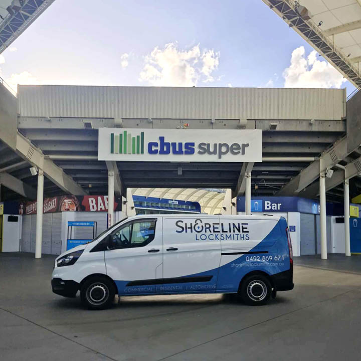 Shoreline Locksmiths van parked at CBus Super Stadium in Robina